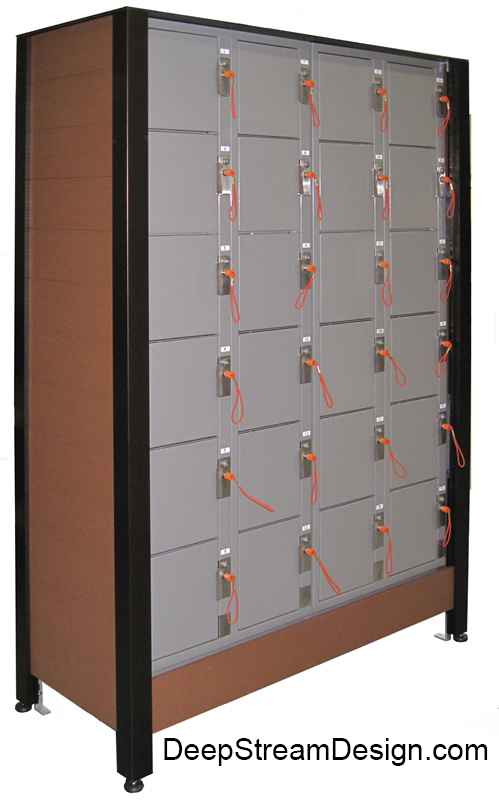 Custom cabinet fixture crafted with recycled plastic lumber is sized to accept standard gym lockers and equipped with adjustable feet