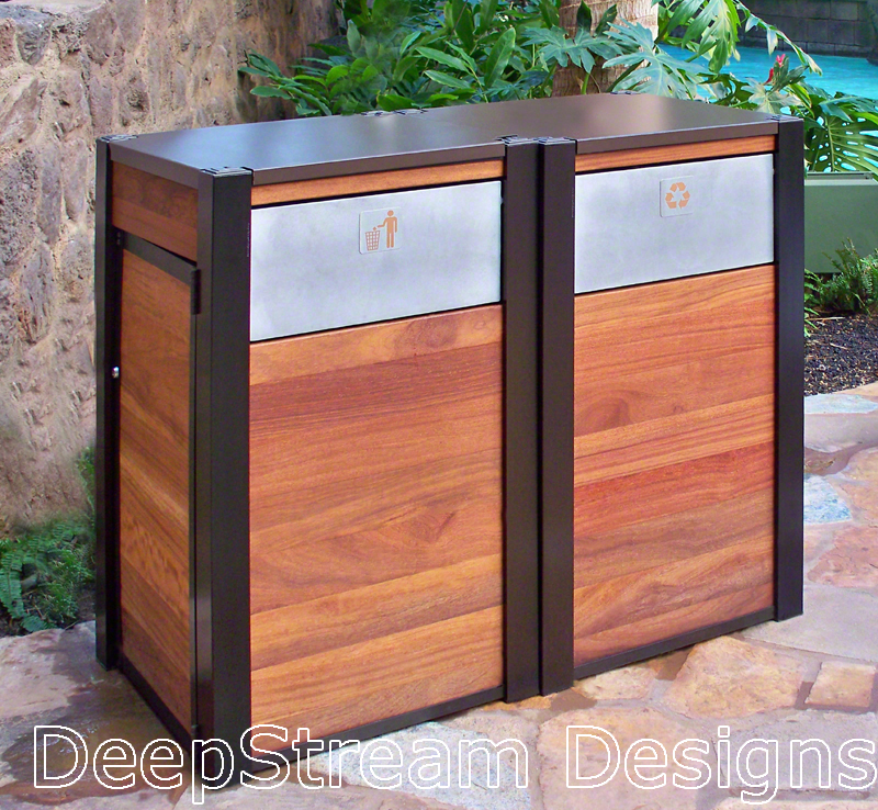 Example of a large wooden outdoor Modern Recycling Receptacle and matching Trash Bin by DeepStream Design at a Disney resort