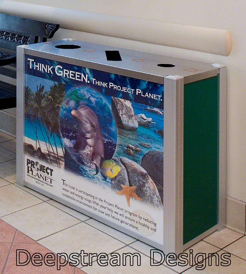 Example of a DeepStream Modern Combination Trash Bin and dual stream Recycling Receptacle with graphic panels
