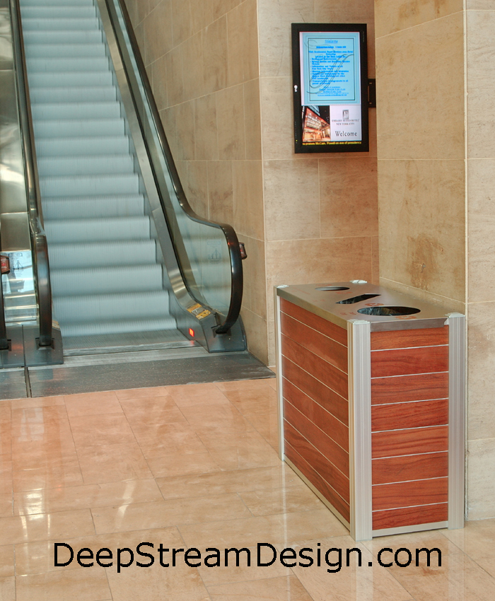 Example of a DeepStream triple stream commercial wooden Modern Recycling Bin in an office lobby