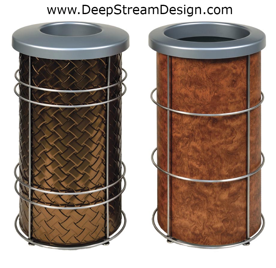 2 examples of modern round trash bins or recycling receptacles