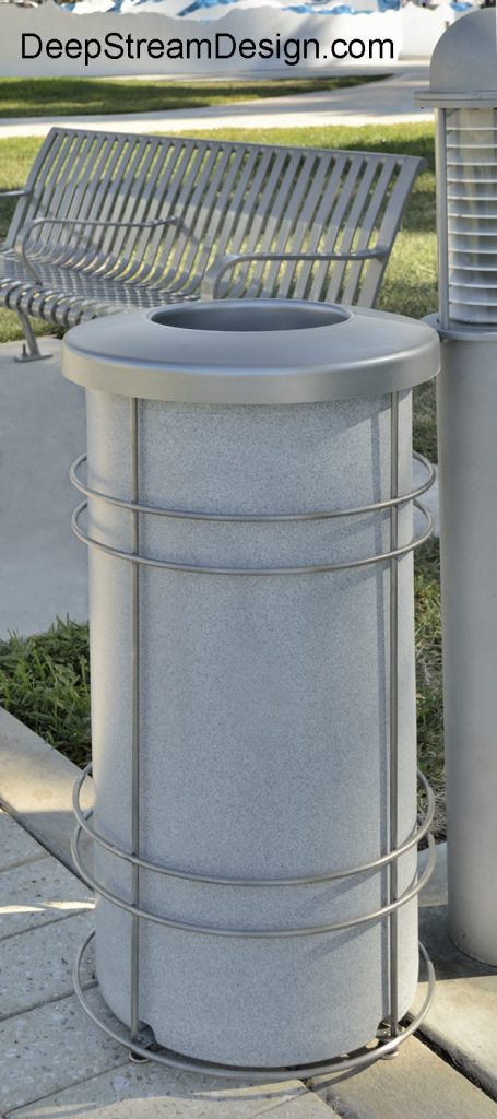 European style Natique Stainless Steel trash Bin with rugged sun proof  100% recycled plastic  liner inside.