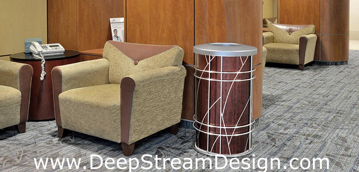 DeepStream Designs Chameleon Modern Trash Bin with "Tree" Graphics at Adventura Hospital in a lounge