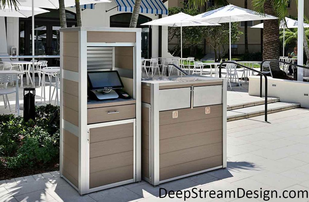 Click to DeepStream's website to see more about maintenance free weatherproof cabinet to housing for point of sale computer cabinet and a modern combination recycling and trash receptacles